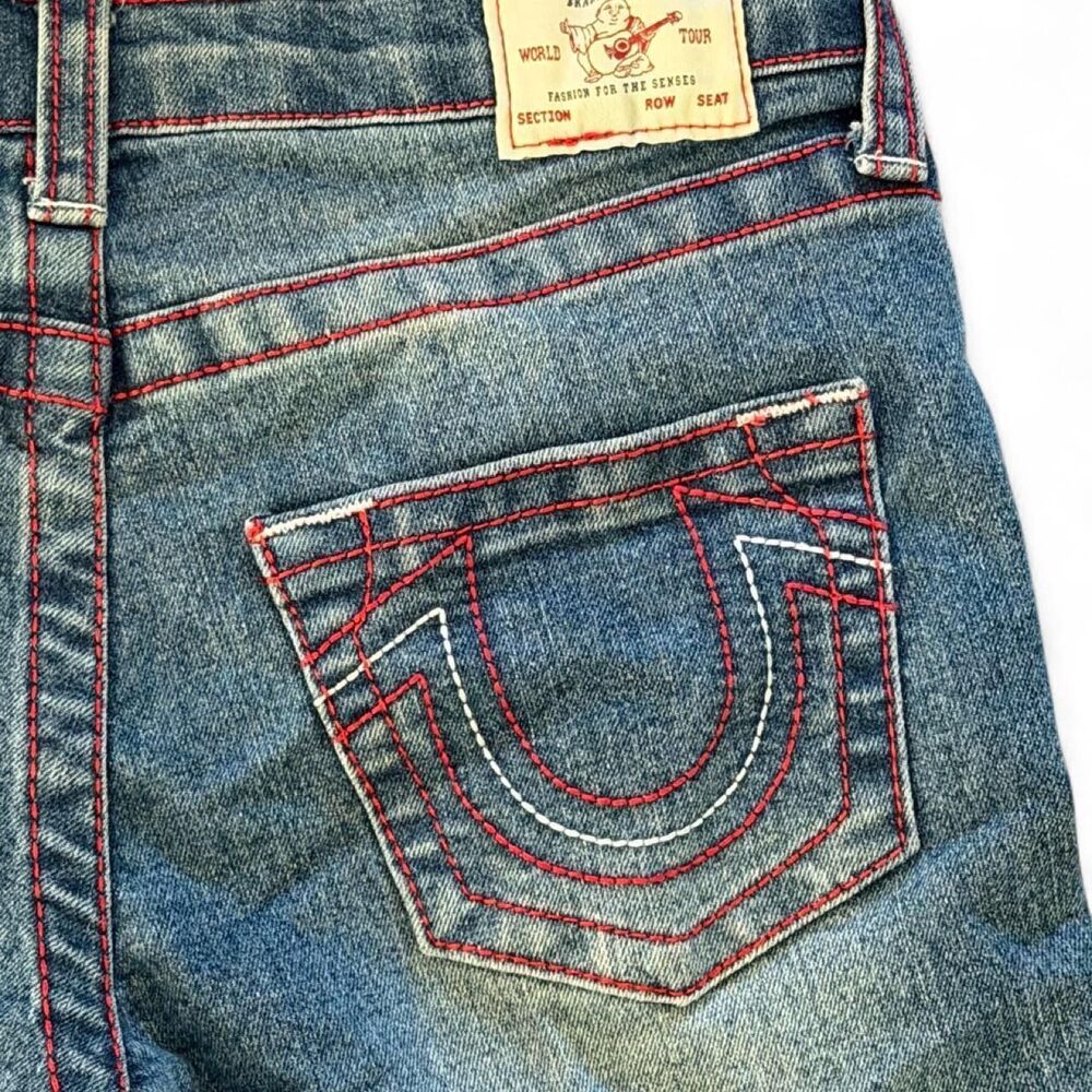 True Religion Blue and Red Logo Print Jean Shorts Size 10